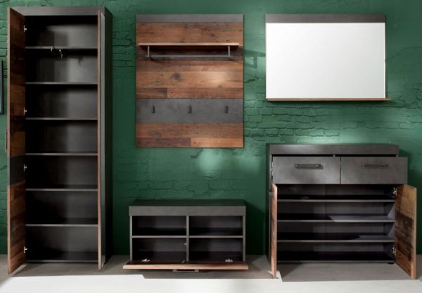 Garderoben Set Foundry 5-teilig in Old Used Wood Vintage mit Garderobenschrank 265 x 192 cm