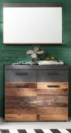 Garderobe Foundry 2-teilig in Used Wood Shabby mit Matera grau 90 x 192 cm mit Schuhschrank und Spiegel