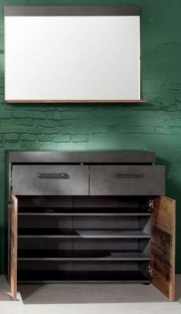 Garderobe Foundry 2-teilig in Used Wood Shabby mit Matera grau 90 x 192 cm mit Schuhschrank und Spiegel