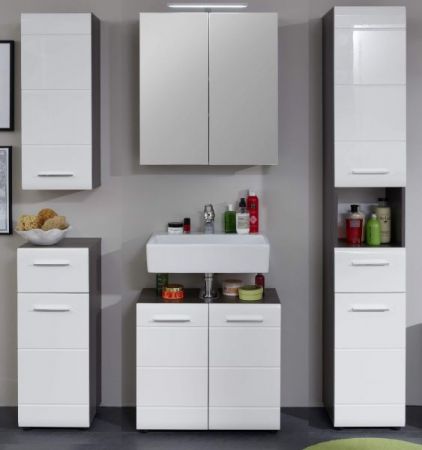 Badezimmer Hochschrank Matrix in wei� Hochglanz und grau Rauchsilber 30 x 182 cm
