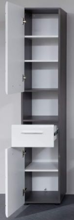 Badezimmer Hochschrank Matrix in wei� Hochglanz und grau Rauchsilber 30 x 182 cm
