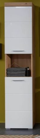 Badezimmer Hochschrank Adamo in wei� Hochglanz und Asteiche Badschrank 37 x 190 cm