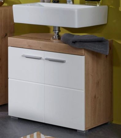 Badezimmer Waschbeckenunterschrank Adamo in wei� Hochglanz und Eiche Badschrank 60 x 56 cm