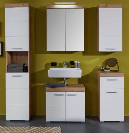 Badezimmer Waschbeckenunterschrank Adamo in wei� Hochglanz und Eiche Badschrank 60 x 56 cm