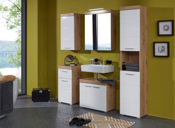 Badezimmer Unterschrank Adamo in wei� Hochglanz und Eiche Asteiche Badschrank 37 x 79 cm
