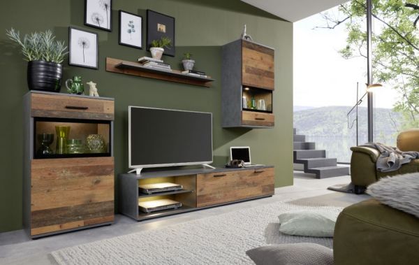 Wohnwand Cargo in Old Used Wood Shabby Design mit Matera grau Schrankwand 4-teilig 246 x 182 cm