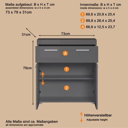 Badezimmer Kommode Adamo in grau Hochglanz Badschrank 73 x 79 cm