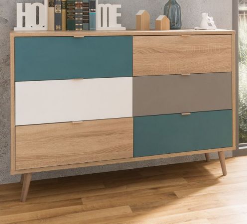 Schubladenkommode Colory in Sonoma Eiche hell mit Petrol, Wei� und Grau skandinavische Kommode Tricolor 120 x 87 cm