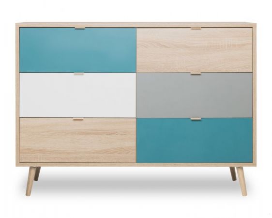 Schubladenkommode Colory in Sonoma Eiche hell mit Petrol, Wei� und Grau skandinavische Kommode Tricolor 120 x 87 cm