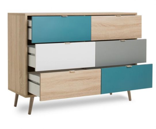 Schubladenkommode Colory in Sonoma Eiche hell mit Petrol, Wei� und Grau skandinavische Kommode Tricolor 120 x 87 cm