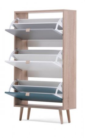 Schuhschrank Colory in Sonoma Eiche hell mit Petrol, Wei� und Grau skandinavischer Schuhkipper Tricolor 70 x 125 cm