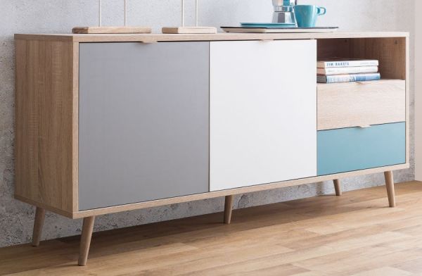 Sideboard Colory in Sonoma Eiche hell mit Petrol, Wei� und Grau skandinavische Kommode Tricolor 150 x 71 cm