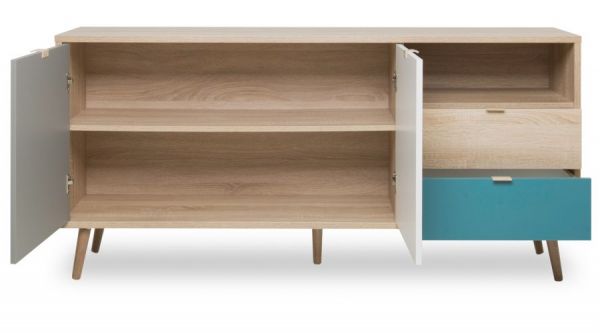Sideboard Colory in Sonoma Eiche hell mit Petrol, Wei� und Grau skandinavische Kommode Tricolor 150 x 71 cm
