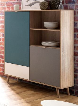 Highboard Colory in Sonoma Eiche hell mit Petrol, Wei� und Grau skandinavische Kommode Tricolor 103 x 139 cm Anrichte