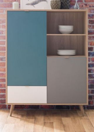 Highboard Colory in Sonoma Eiche hell mit Petrol, Wei� und Grau skandinavische Kommode Tricolor 103 x 139 cm Anrichte