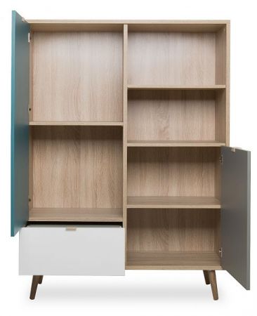 Highboard Colory in Sonoma Eiche hell mit Petrol, Wei� und Grau skandinavische Kommode Tricolor 103 x 139 cm Anrichte