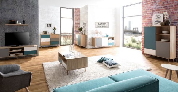 TV-Lowboard Colory in Sonoma Eiche hell mit Petrol, Wei� und Grau skandinavischer Fernsehtisch Tricolor 150 x 52 cm