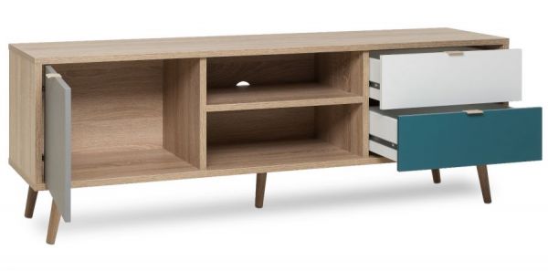 TV-Lowboard Colory in Sonoma Eiche hell mit Petrol, Wei� und Grau skandinavischer Fernsehtisch Tricolor 150 x 52 cm