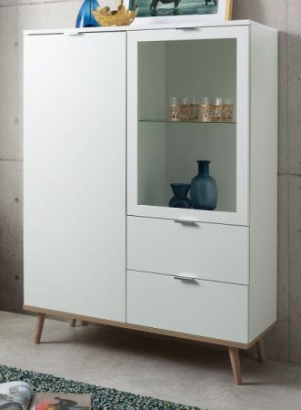 Highboard Lundby in matt wei� mit Sonoma Eiche massiv Vitrine skandinavisch 100 x 140 cm