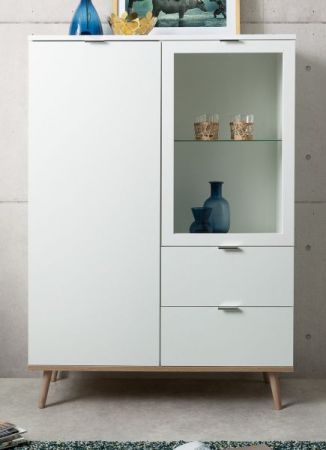 Highboard Lundby in matt wei� mit Sonoma Eiche massiv Vitrine skandinavisch 100 x 140 cm
