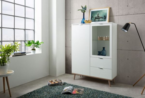 Highboard Lundby in matt wei� mit Sonoma Eiche massiv Vitrine skandinavisch 100 x 140 cm