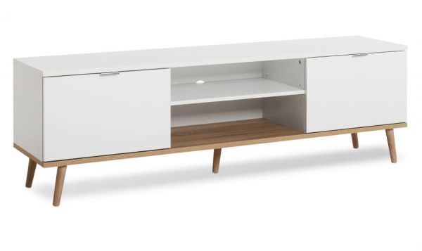 TV-Lowboard Lundby in matt wei� mit Sonoma Eiche massiv Fernsehtisch skandinavisch 160 x 51 cm TV-Unterteil