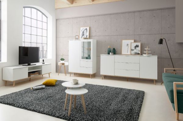 TV-Lowboard Lundby in matt wei� mit Sonoma Eiche massiv Fernsehtisch skandinavisch 160 x 51 cm TV-Unterteil