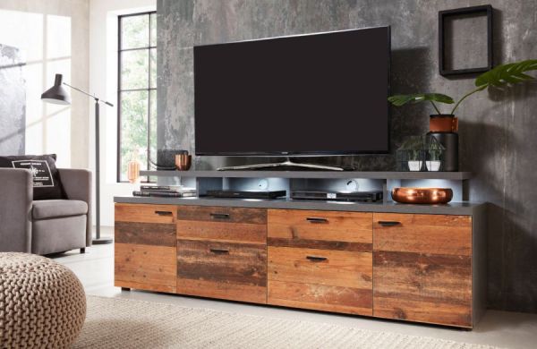 TV-Lowboard Noxa in Used Wood Altholz Design mit Grau, Komforth�he, 180 x 66 cm