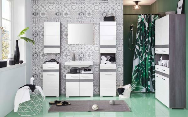 Badezimmer Unterschrank SetOne in wei� Hochglanz und Sardegna grau Rauchsilber 37 x 80 cm