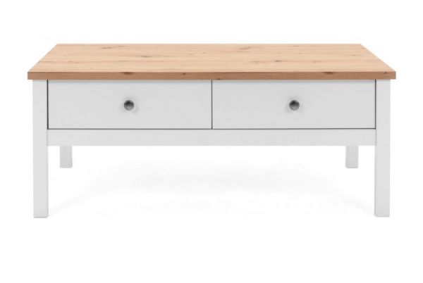 Couchtisch Vestland in wei� und Artisan Eiche Landhaus Wohnzimmertisch 110 x 55 cm Beistelltisch mit 2 x Schubkasten