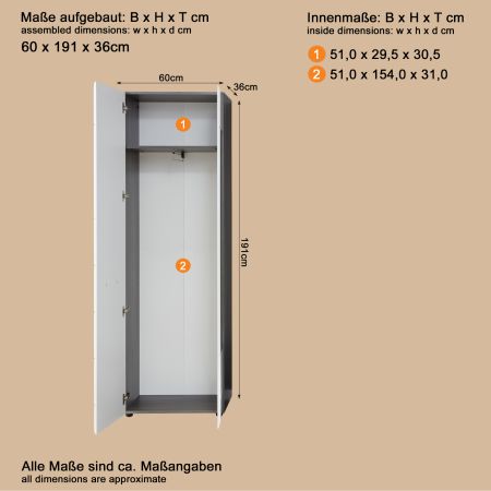 Garderobenschrank Matrix in wei� Hochglanz und Sardegna grau Rauchsilber Flurschrank 60 x 191 cm