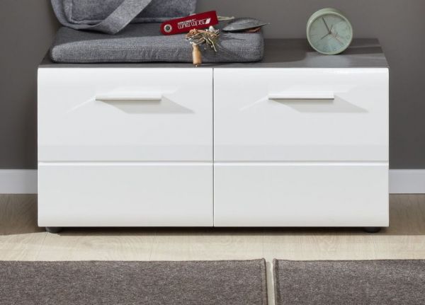 Garderobe Sitzbank Matrix in Hochglanz wei� und Sardegna grau Rauchsilber Garderobenbank und Schuhschrank 80 x 41 cm