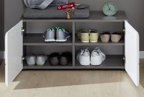 Garderobe Sitzbank Matrix in Hochglanz wei� und Sardegna grau Rauchsilber Garderobenbank und Schuhschrank 80 x 41 cm