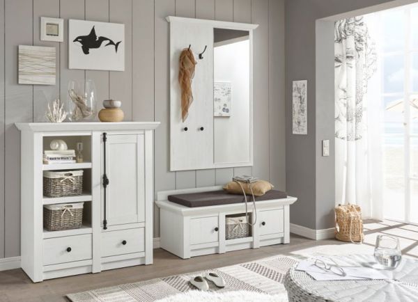 Garderobe Hooge in Pinie wei� Landhaus Garderobenkombination 3-tlg. mit Garderobenbank und Kommode