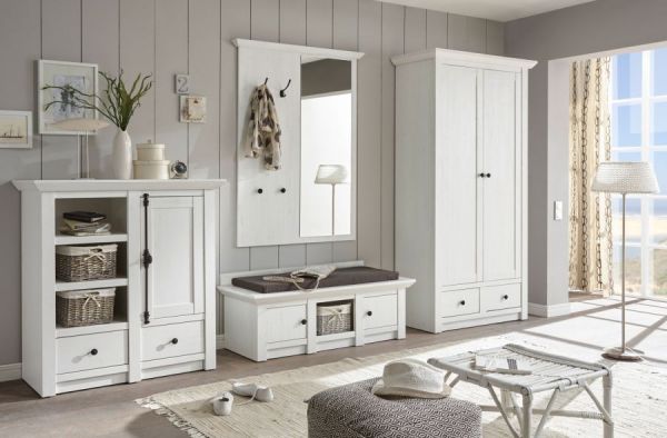 Garderobenpaneel Hooge in Pinie wei� Landhaus Wandgarderobe mit Spiegel 105 x 140 cm