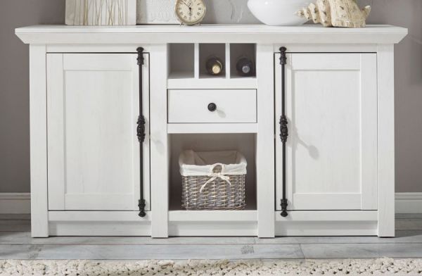 Sideboard Hooge in Pinie wei� Landhaus Kommode mit Weinregal 152 x 83 cm