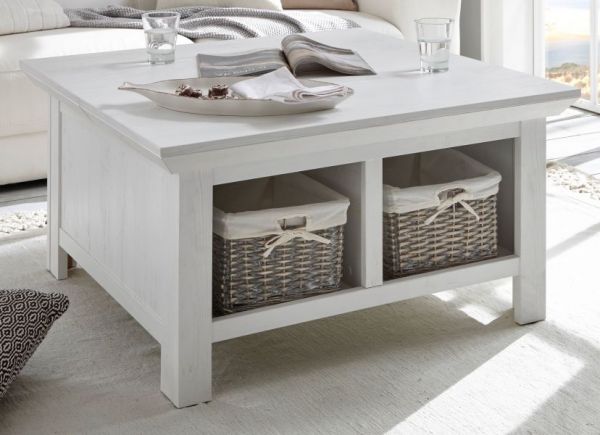 Couchtisch Hooge in Pinie wei� Landhaus Beistelltisch mit Truhe und Ablage 93 x 93 cm quadratisch