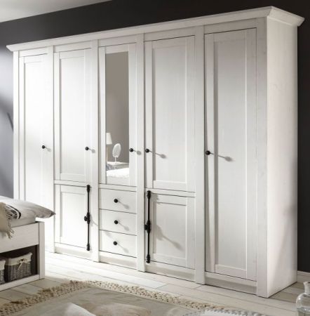 Kleiderschrank Hooge in Pinie wei� Landhaus Dreht�renschrank 7-t�rig mit Spiegel 236 x 206 cm