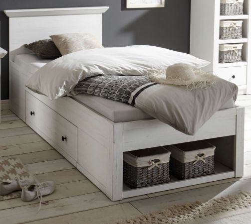 Bett Hooge in Pinie wei� Landhaus Stauraumbett mit Bettschubkasten Liegefl�che 90 x 200 cm