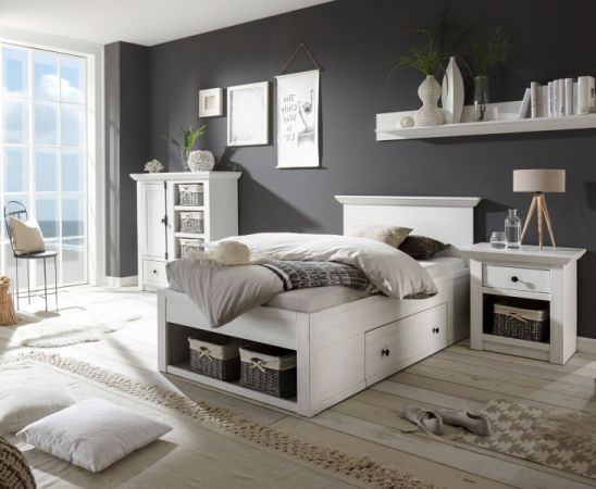 Bett Hooge in Pinie wei� Landhaus Stauraumbett mit Bettschubkasten Liegefl�che 90 x 200 cm