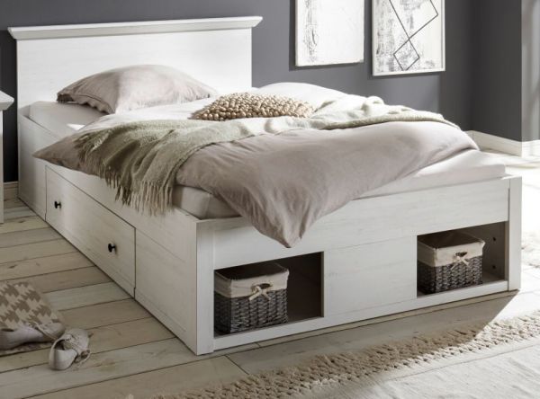 Bett Hooge in Pinie wei� Landhaus Stauraumbett mit 2 x Bettschubkasten Liegefl�che 140 x 200 cm