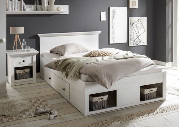 Bett Hooge in Pinie wei� Landhaus Stauraumbett mit 2 x Bettschubkasten Liegefl�che 140 x 200 cm