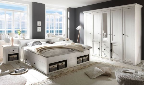 Schlafzimmer komplett Hooge in Pinie wei� Landhaus Set mit Doppelbett, Kleiderschrank und 2 x Nachttisch
