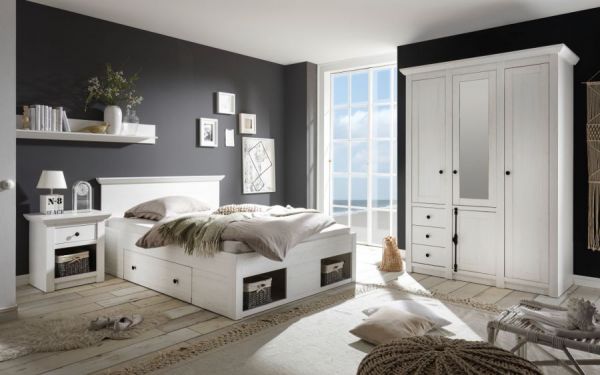 Schlafzimmer komplett Hooge in Pinie wei� Landhaus Set mit Bett, Kleiderschrank und Nachttisch