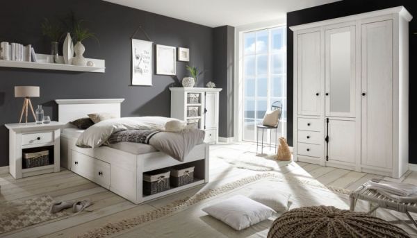 Schlafzimmer komplett Hooge in Pinie wei� Landhaus Set mit Bett, Kleiderschrank, Kommode und Nachttisch