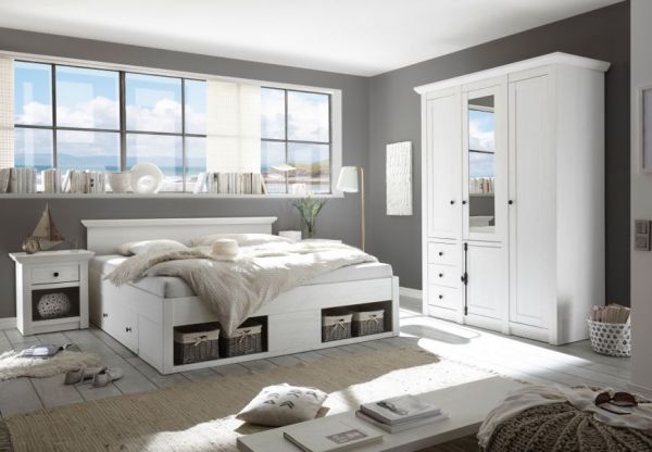 Schlafzimmer komplett Hooge in Pinie wei� Landhaus Set mit Doppelbett, Kleiderschrank und Nachttisch