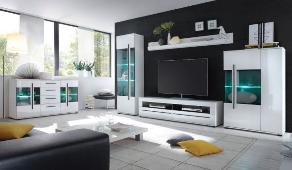 Wohnwand Design-D in Hochglanz wei� Anbauwand 4-teilig 350 x 200 cm
