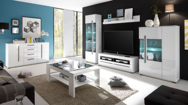 Wohnwand Design-D in Hochglanz wei� Anbauwand 4-teilig 290 x 200 cm