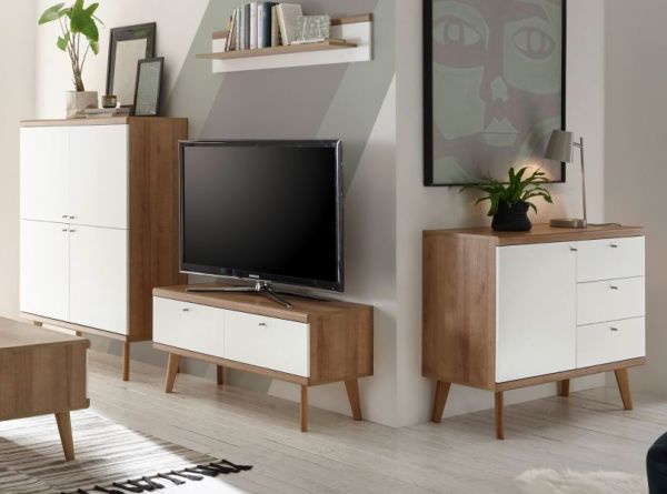 Wohnwand Helge in wei� und Eiche Riviera Schrankwand skandinavisch 4-teilig 341 x 160 cm