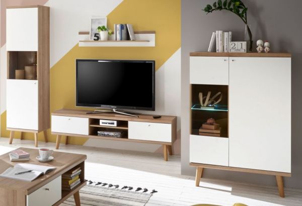Wohnwand Helge in wei� und Eiche Riviera Schrankwand skandinavisch 4-teilig 320 x 197 cm